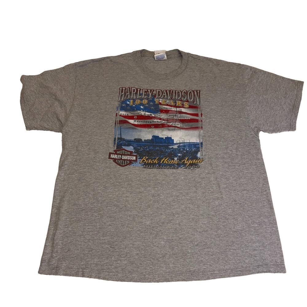 VTG 2003 Harley Davidson 100th Anniversary T Shirt Wisconsin Oconomowoc Gray XL